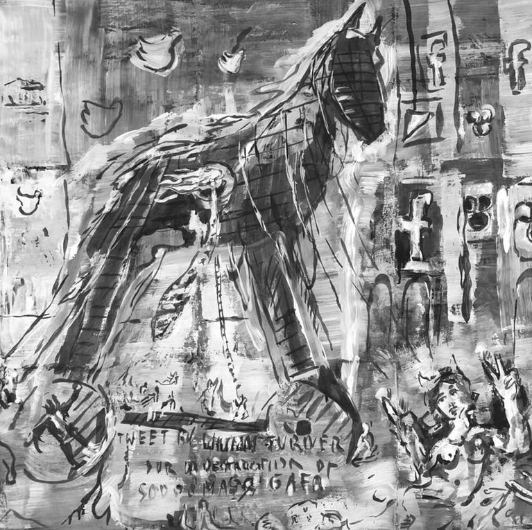 « Tweet de William Turner about destruction of Sodoma & Gaffa » (détail) – 2019, huile sur toile, 140 x 170 cm