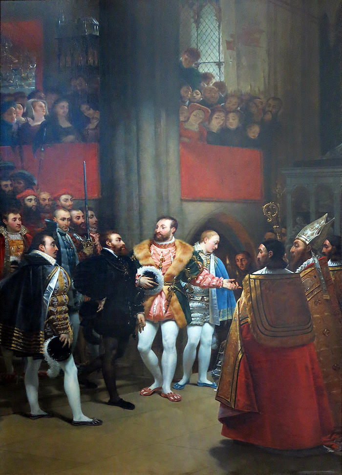 Antoine-Jean Gros, Charles Quint et François Ier visitent les caveaux de l’Eglise de Saint-Denis en 1540, 1821