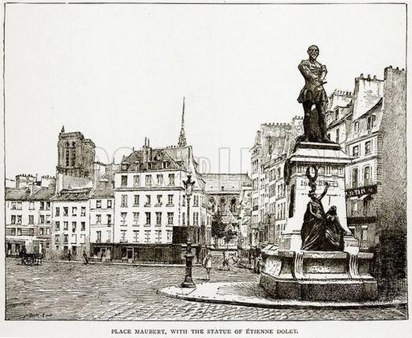 Lithographie montrant l’emplacement du Monument à Étienne Dolet dans son environnement urbain.